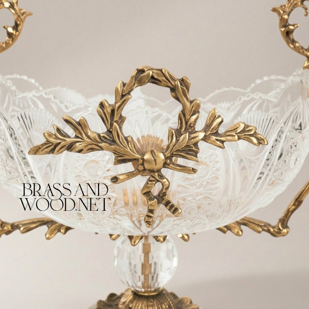 Neoclassical Crystal & Brass 3-Piece Vase Set with Laurel Wreath Mounts — Antique Gold
