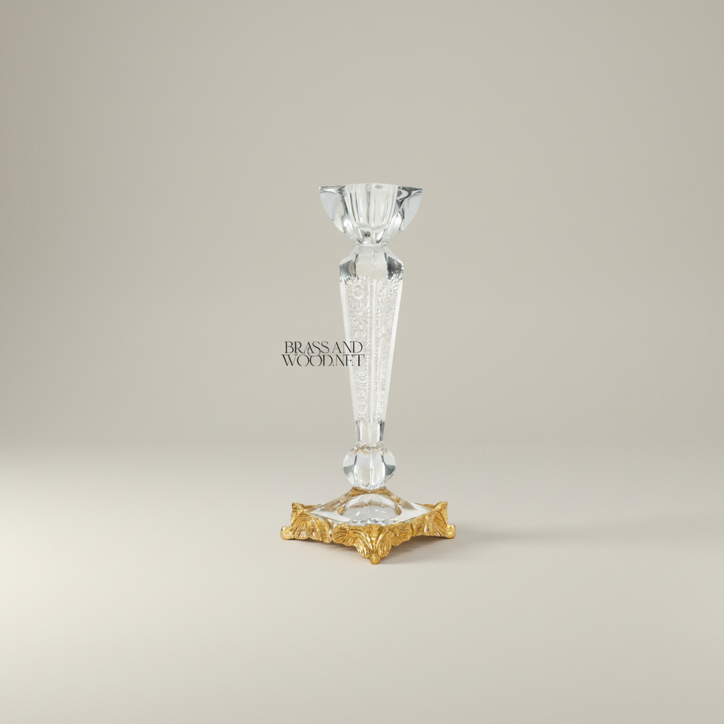 Neoclassical Crystal & Brass 5-Piece Vanity Set — Engraved Box, Candlesticks & Bowls — Gold