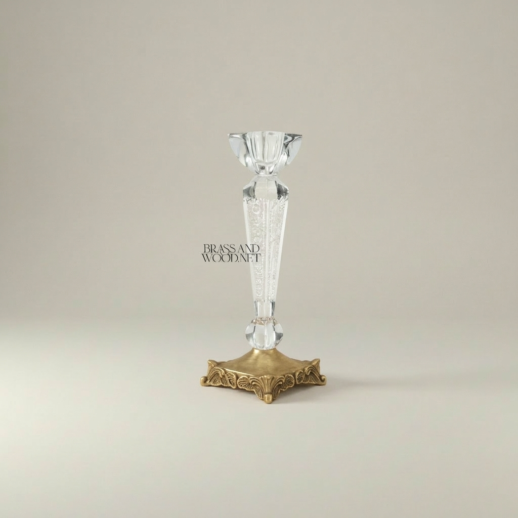 Neoclassical Crystal & Brass 5-Piece Vanity Set — Engraved Box, Candlesticks & Bowls — Antique Gold
