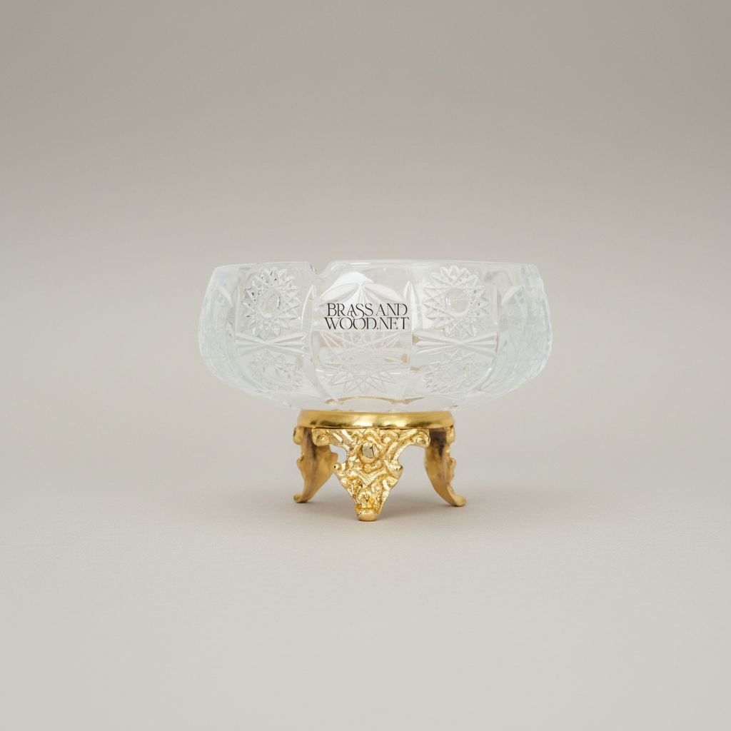 Neoclassical Crystal & Brass 5-Piece Vanity Set — Engraved Box, Candlesticks & Bowls