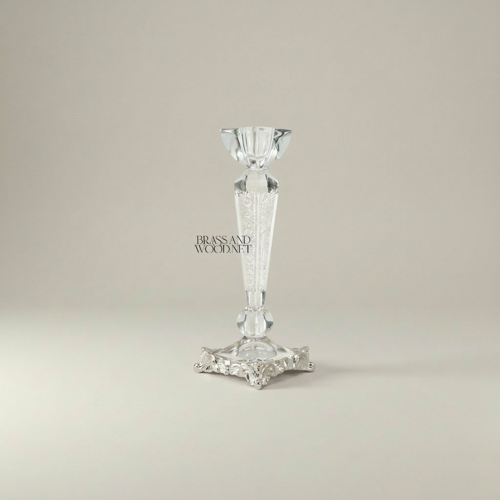 Neoclassical Crystal & Brass 5-Piece Vanity Set — Engraved Box, Candlesticks & Bowls — Silver
