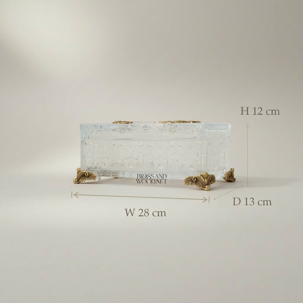 Neoclassical Crystal & Brass 5-Piece Vanity Set — Engraved Box, Candlesticks & Bowls — Antique Gold