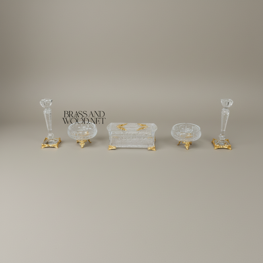 Neoclassical Crystal & Brass 5-Piece Vanity Set — Engraved Box, Candlesticks & Bowls