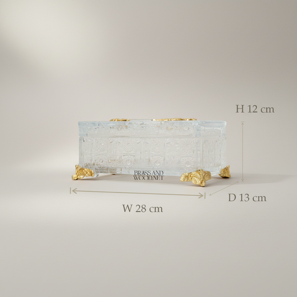 Neoclassical Crystal & Brass 5-Piece Vanity Set — Engraved Box, Candlesticks & Bowls — Gold