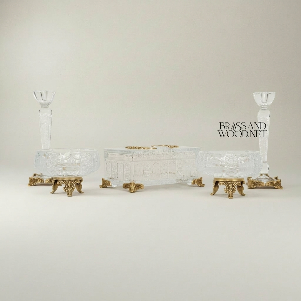Neoclassical Crystal & Brass 5-Piece Vanity Set — Engraved Box, Candlesticks & Bowls — Antique Gold
