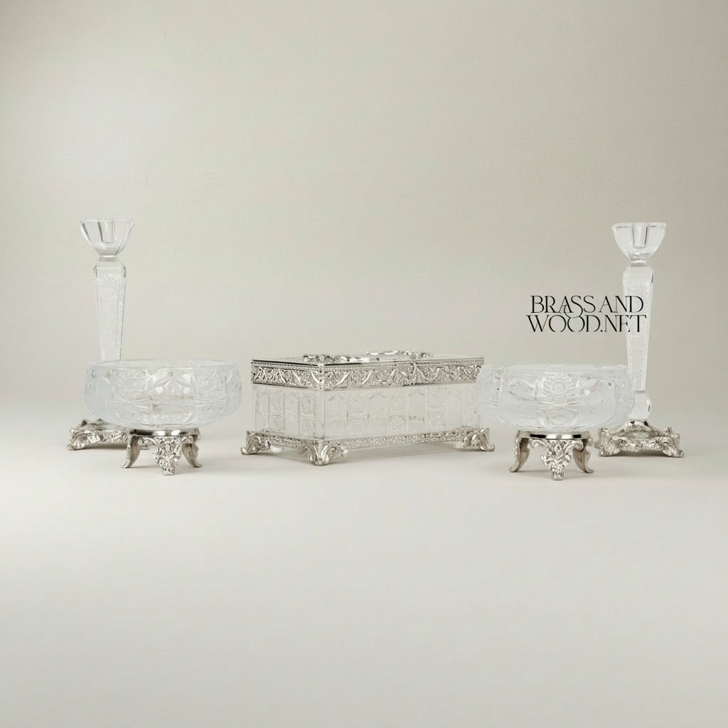 Neoclassical Crystal & Brass 5-Piece Vanity Set — Engraved Box, Candlesticks & Bowls — Silver