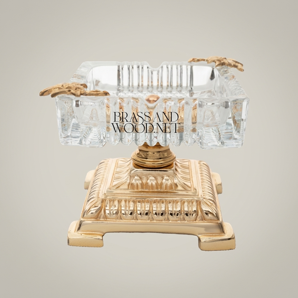 Neoclassical Crystal & Brass Ashtray on Tiered Pedestal Base