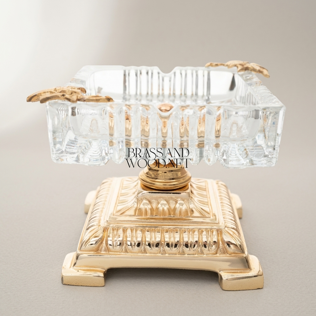 Neoclassical Crystal & Brass Ashtray on Tiered Pedestal Base — Gold