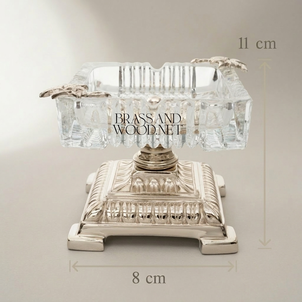 Neoclassical Crystal & Brass Ashtray on Tiered Pedestal Base — Silver