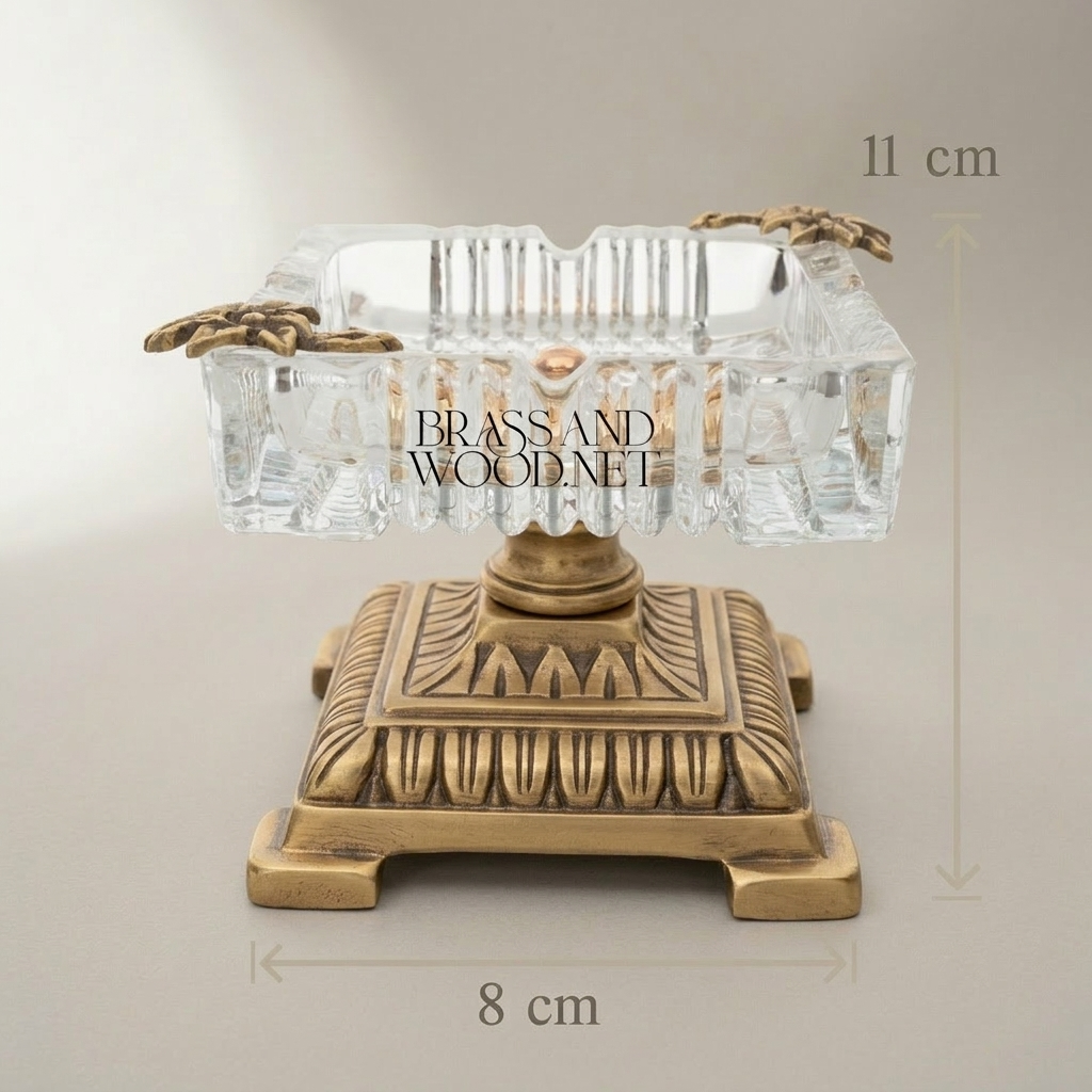 Neoclassical Crystal & Brass Ashtray on Tiered Pedestal Base — Antique Gold