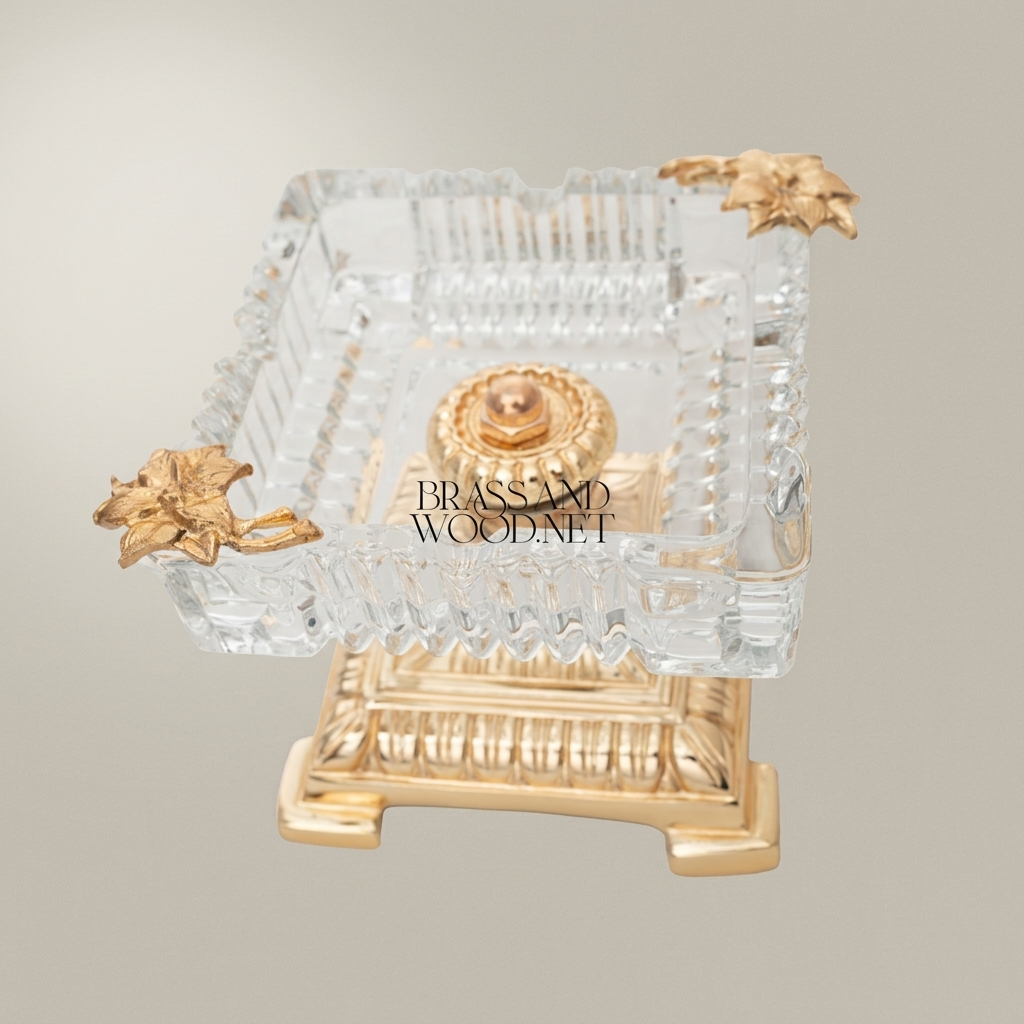 Neoclassical Crystal & Brass Ashtray on Tiered Pedestal Base