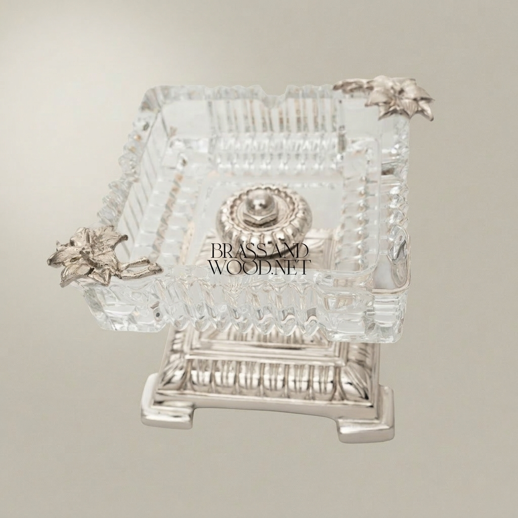 Neoclassical Crystal & Brass Ashtray on Tiered Pedestal Base — Silver