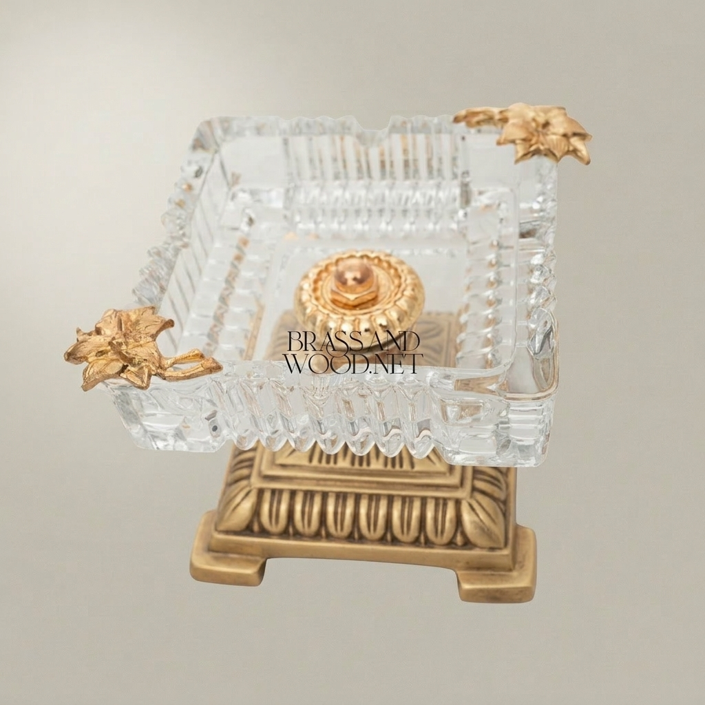 Neoclassical Crystal & Brass Ashtray on Tiered Pedestal Base — Antique Gold