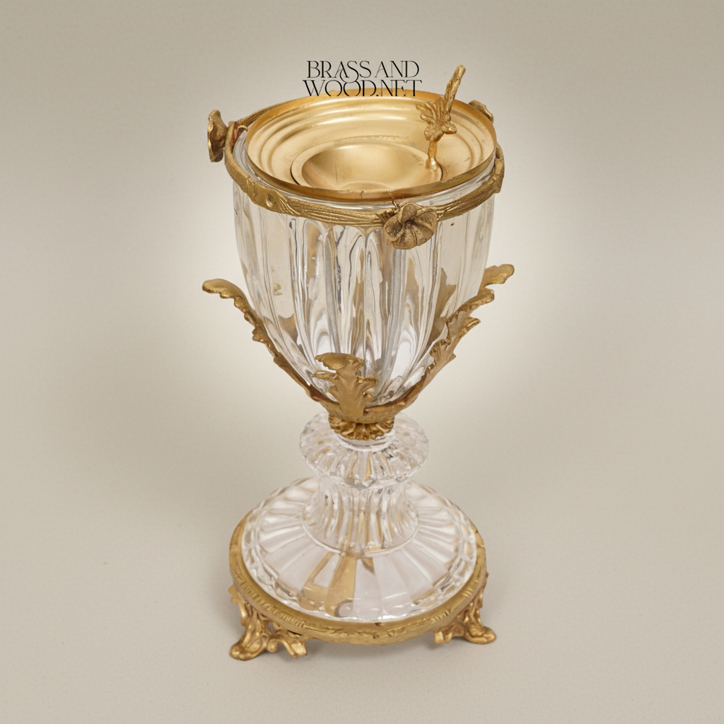 Neoclassical Crystal & Brass Incense Burner - Faceted Urn with Acanthus Mounts — Antique Gold