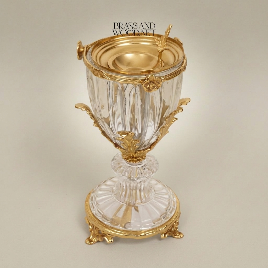 Neoclassical Crystal & Brass Incense Burner - Faceted Urn with Acanthus Mounts — Gold