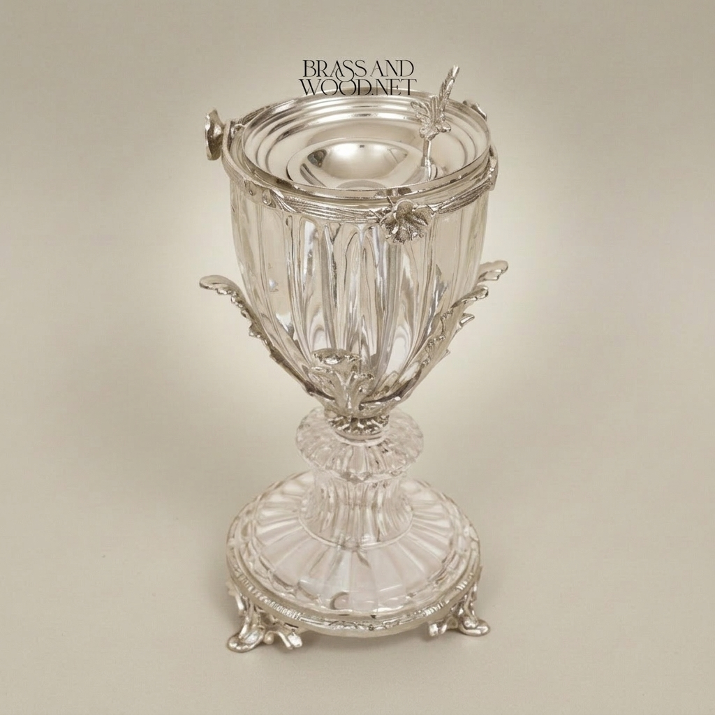 Neoclassical Crystal & Brass Incense Burner - Faceted Urn with Acanthus Mounts — Silver