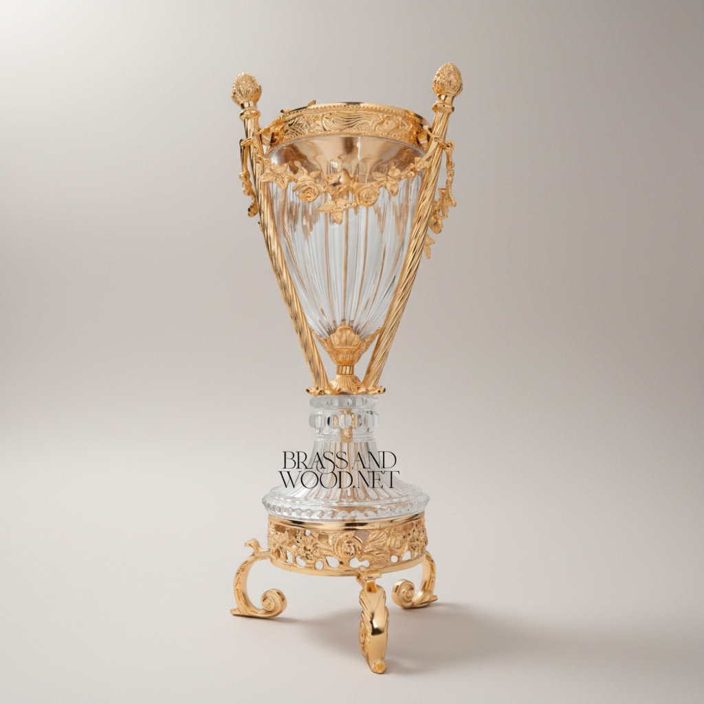 Neoclassical Crystal & Brass Incense Burner with Fluted Vase Body and Scroll-Footed Plinth