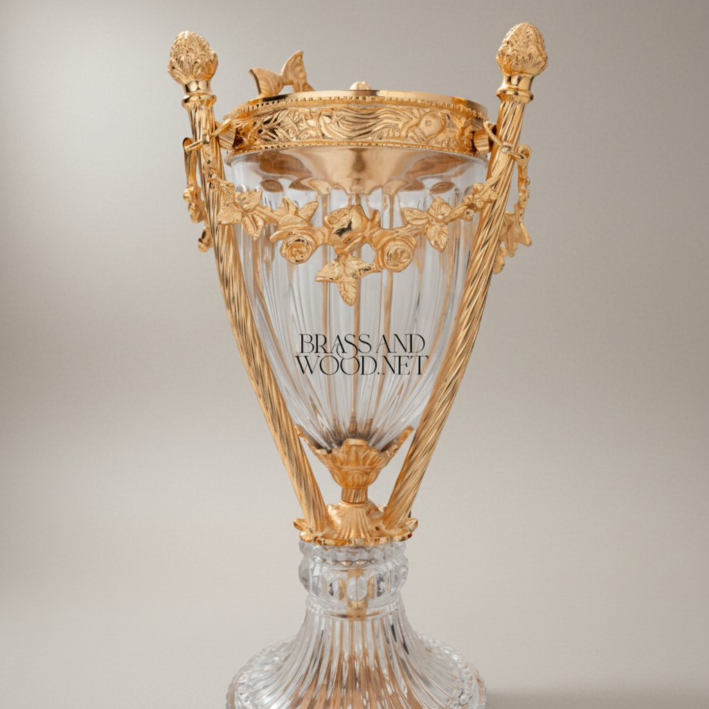 Neoclassical Crystal & Brass Incense Burner with Fluted Vase Body and Scroll-Footed Plinth — Gold