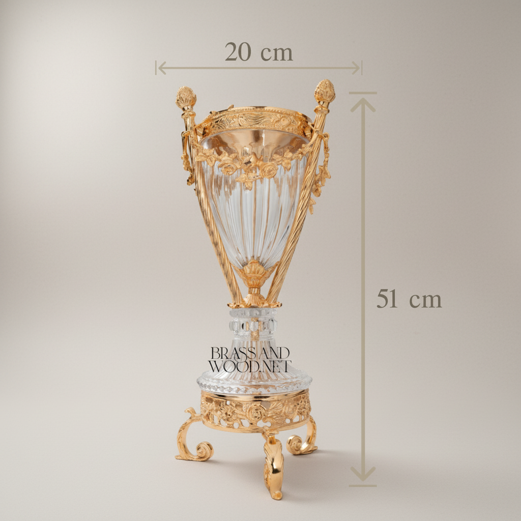 Neoclassical Crystal & Brass Incense Burner with Fluted Vase Body and Scroll-Footed Plinth — Gold