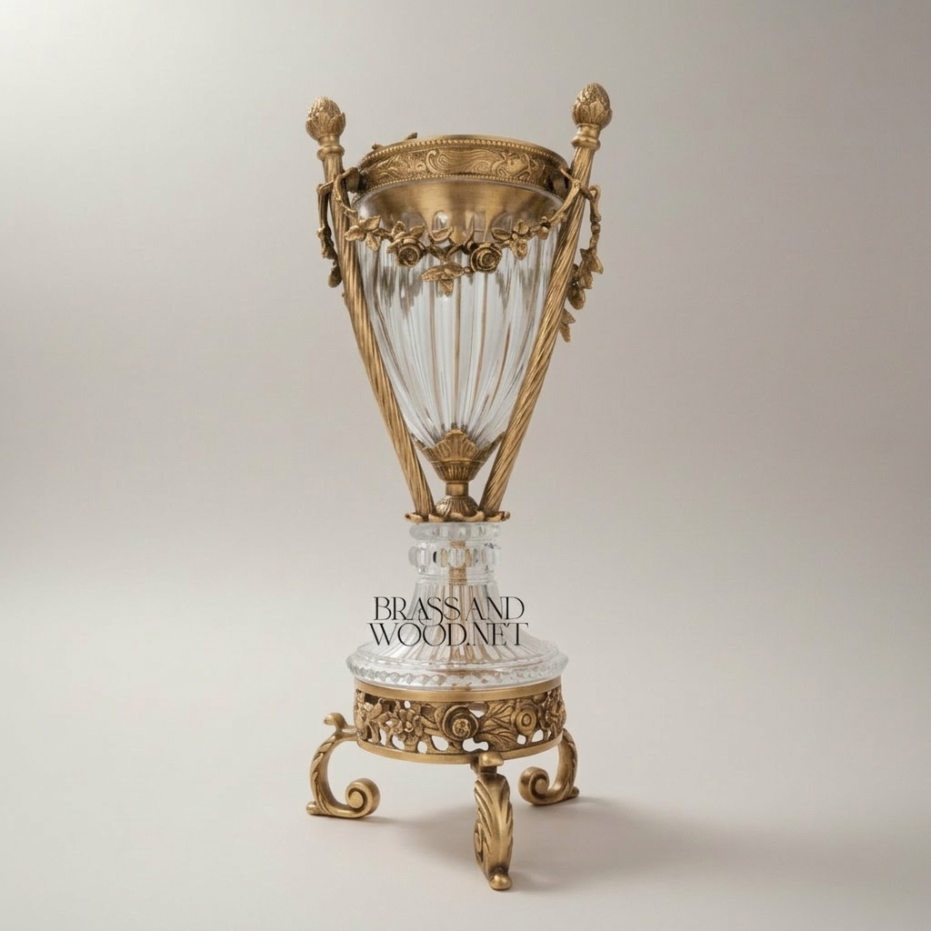 Neoclassical Crystal & Brass Incense Burner with Fluted Vase Body and Scroll-Footed Plinth — Antique Gold