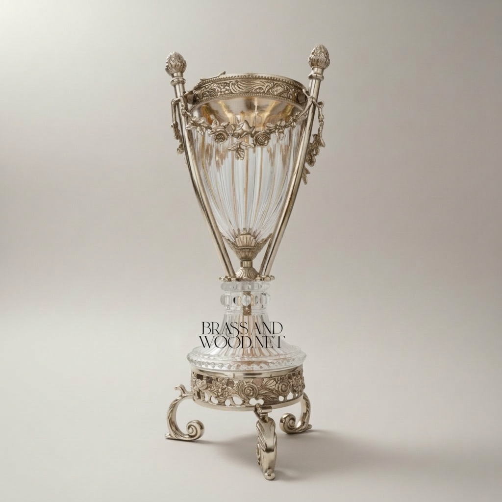 Neoclassical Crystal & Brass Incense Burner with Fluted Vase Body and Scroll-Footed Plinth — Silver