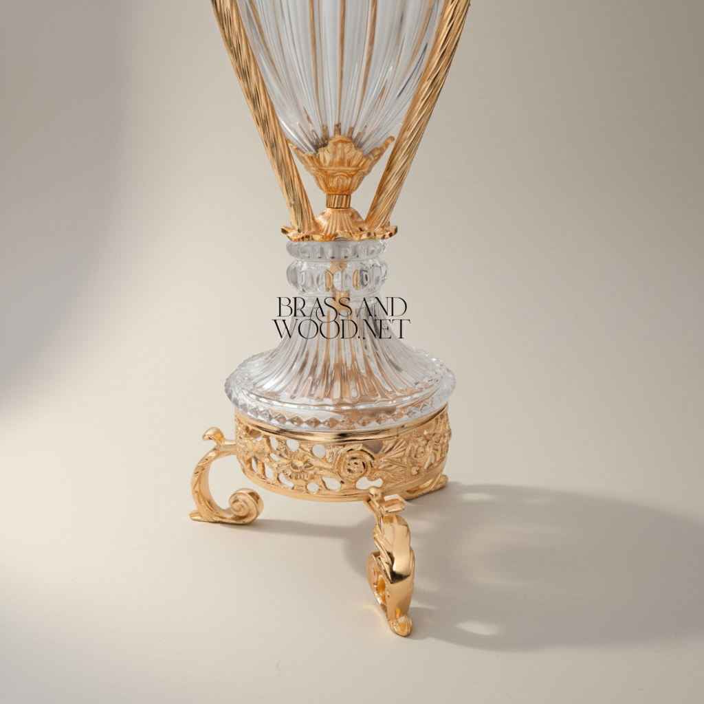 Neoclassical Crystal & Brass Incense Burner with Fluted Vase Body and Scroll-Footed Plinth — Gold