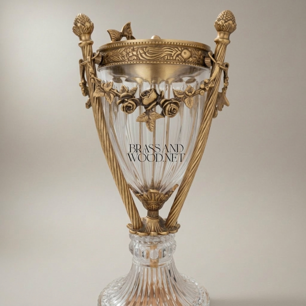 Neoclassical Crystal & Brass Incense Burner with Fluted Vase Body and Scroll-Footed Plinth — Antique Gold