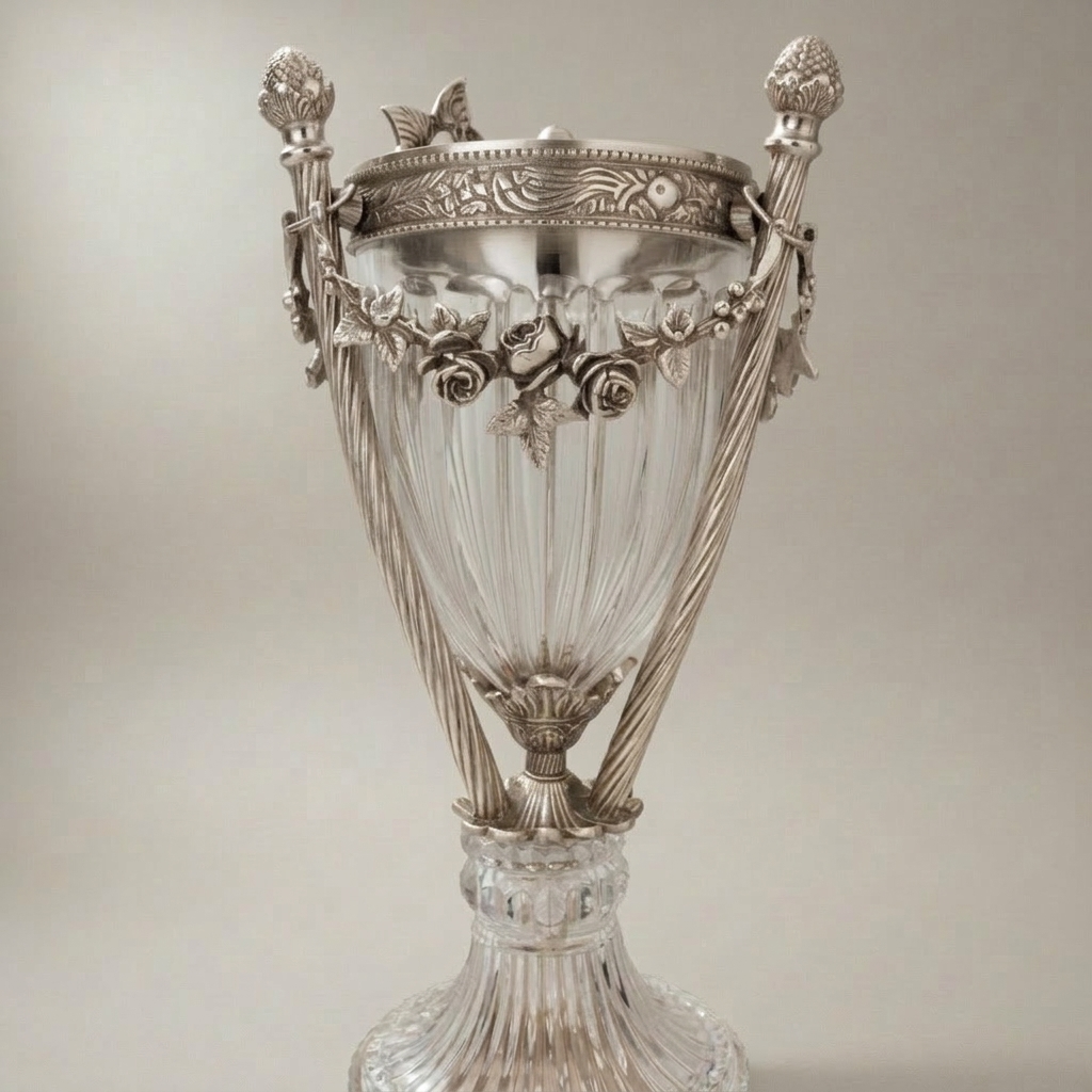 Neoclassical Crystal & Brass Incense Burner with Fluted Vase Body and Scroll-Footed Plinth — Silver