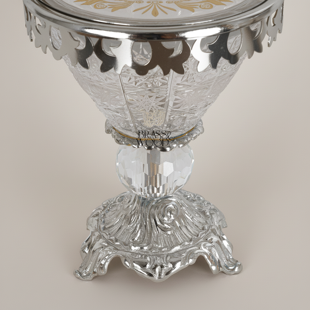 Neoclassical Crystal & Brass Incense Burner with Acanthus Pedestal Base — Silver
