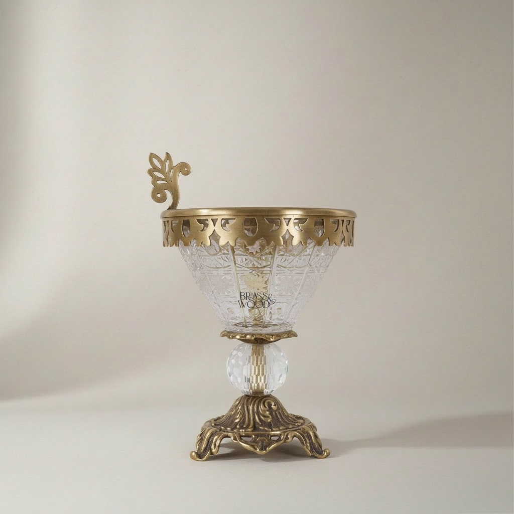Neoclassical Crystal & Brass Incense Burner with Acanthus Pedestal Base — Antique Gold