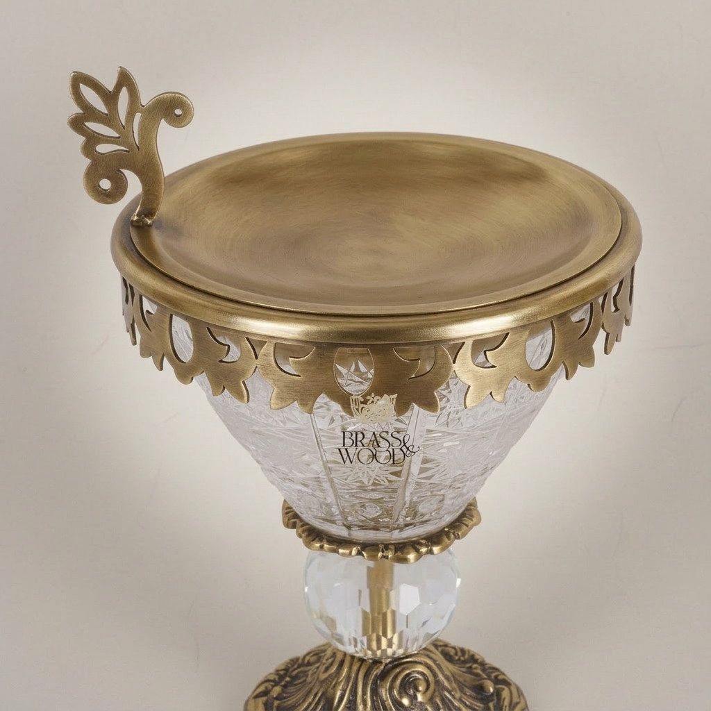 Neoclassical Crystal & Brass Incense Burner with Acanthus Pedestal Base — Antique Gold