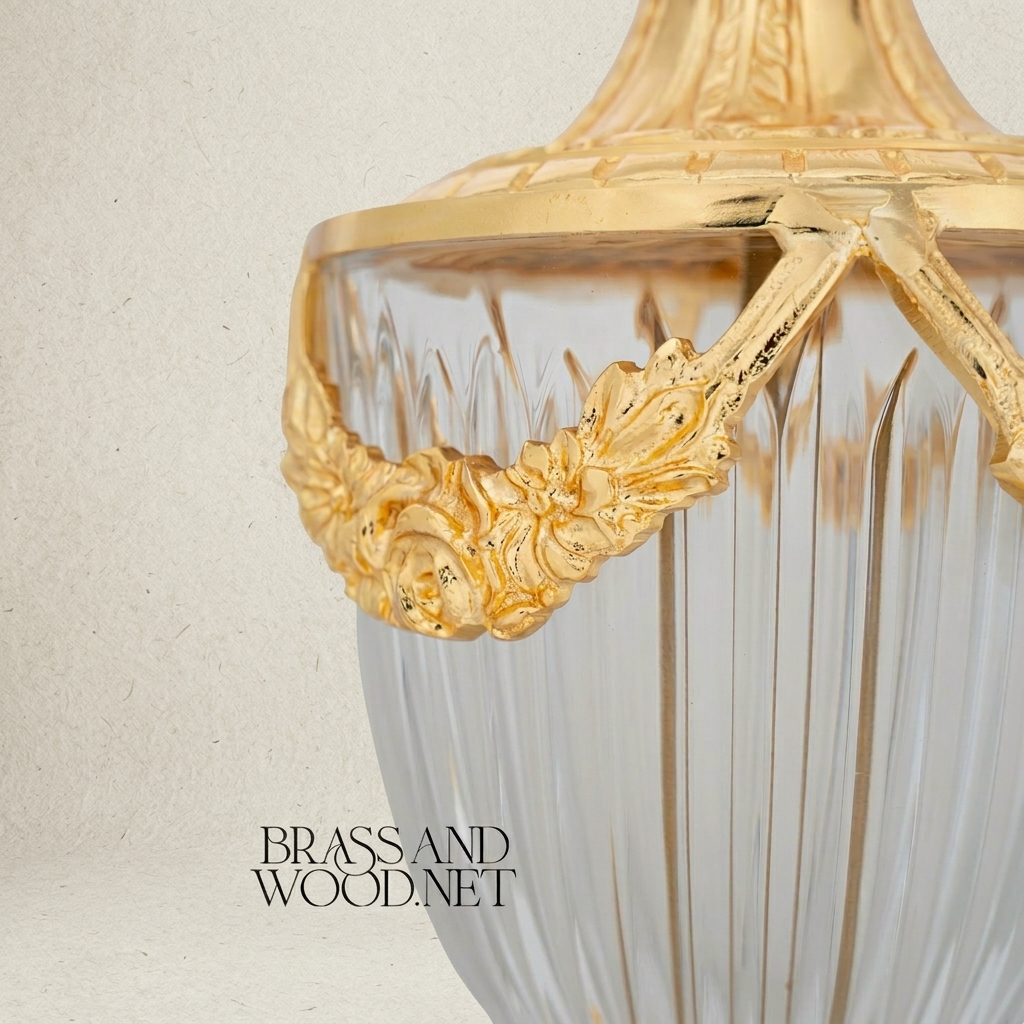 Neoclassical Crystal & Brass Lidded Urn Vase with Floral Swag Mounts — Gold