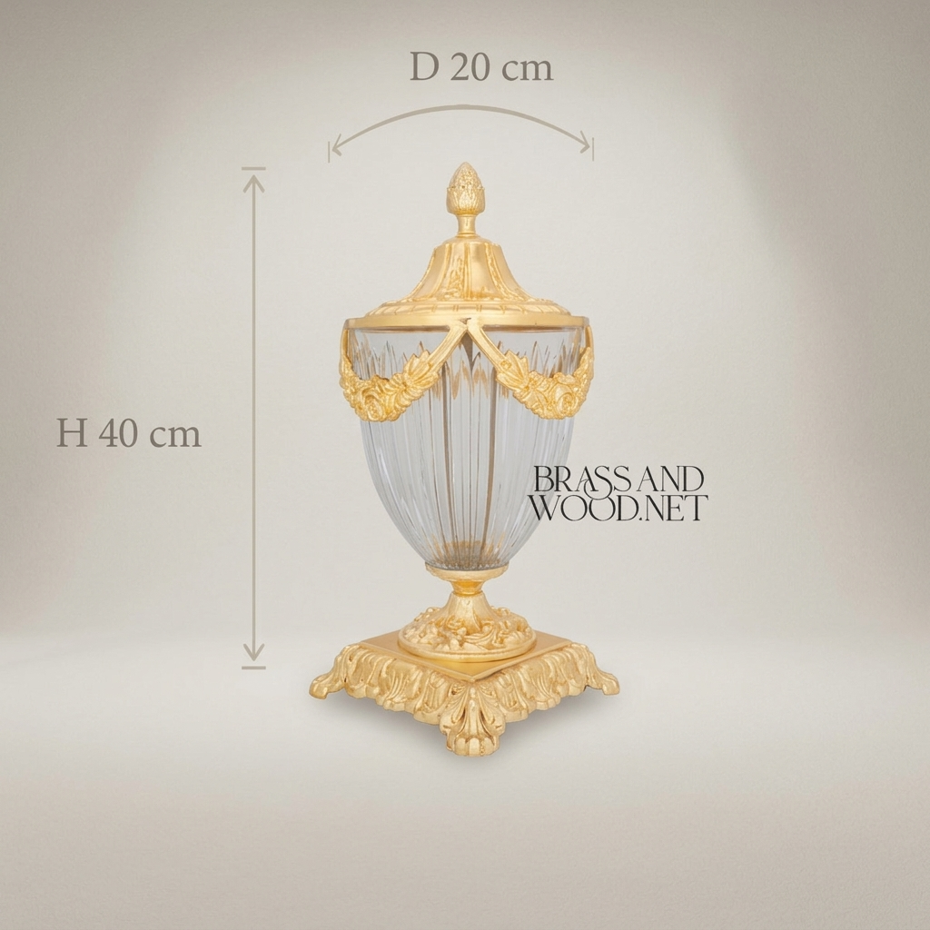 Neoclassical Crystal & Brass Lidded Urn Vase with Floral Swag Mounts — Gold