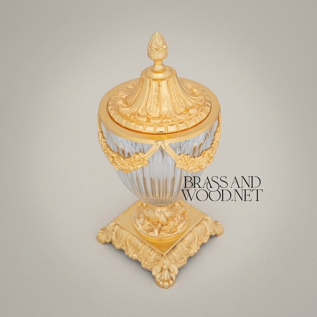 Neoclassical Crystal & Brass Lidded Urn Vase with Floral Swag Mounts — Gold