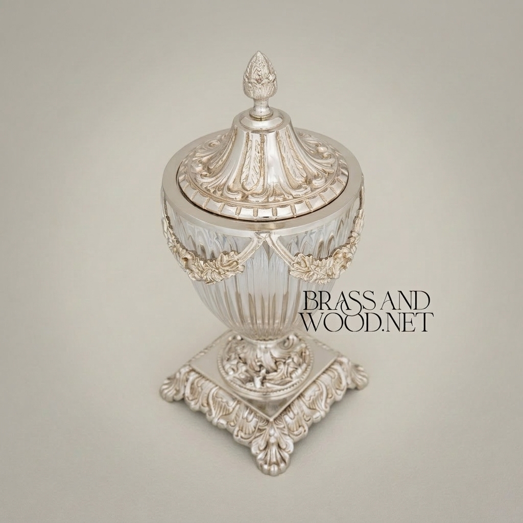 Neoclassical Crystal & Brass Lidded Urn Vase with Floral Swag Mounts — Silver