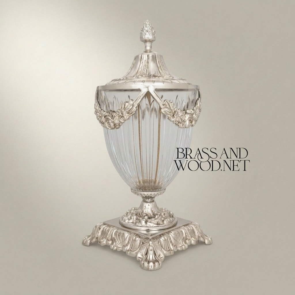 Neoclassical Crystal & Brass Lidded Urn Vase with Floral Swag Mounts — Silver