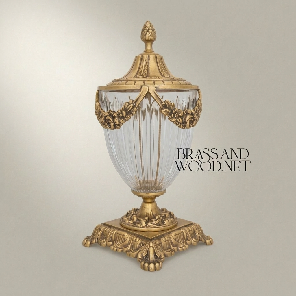 Neoclassical Crystal & Brass Lidded Urn Vase with Floral Swag Mounts — Antique Gold