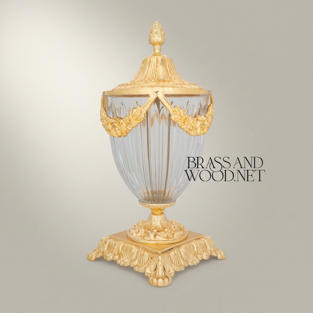 Neoclassical Crystal & Brass Lidded Urn Vase with Floral Swag Mounts