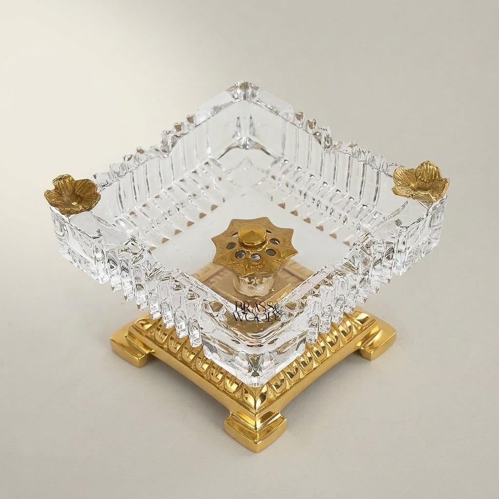 Neoclassical Crystal & Brass Square Ashtray with Floral Corner Mounts — Gold