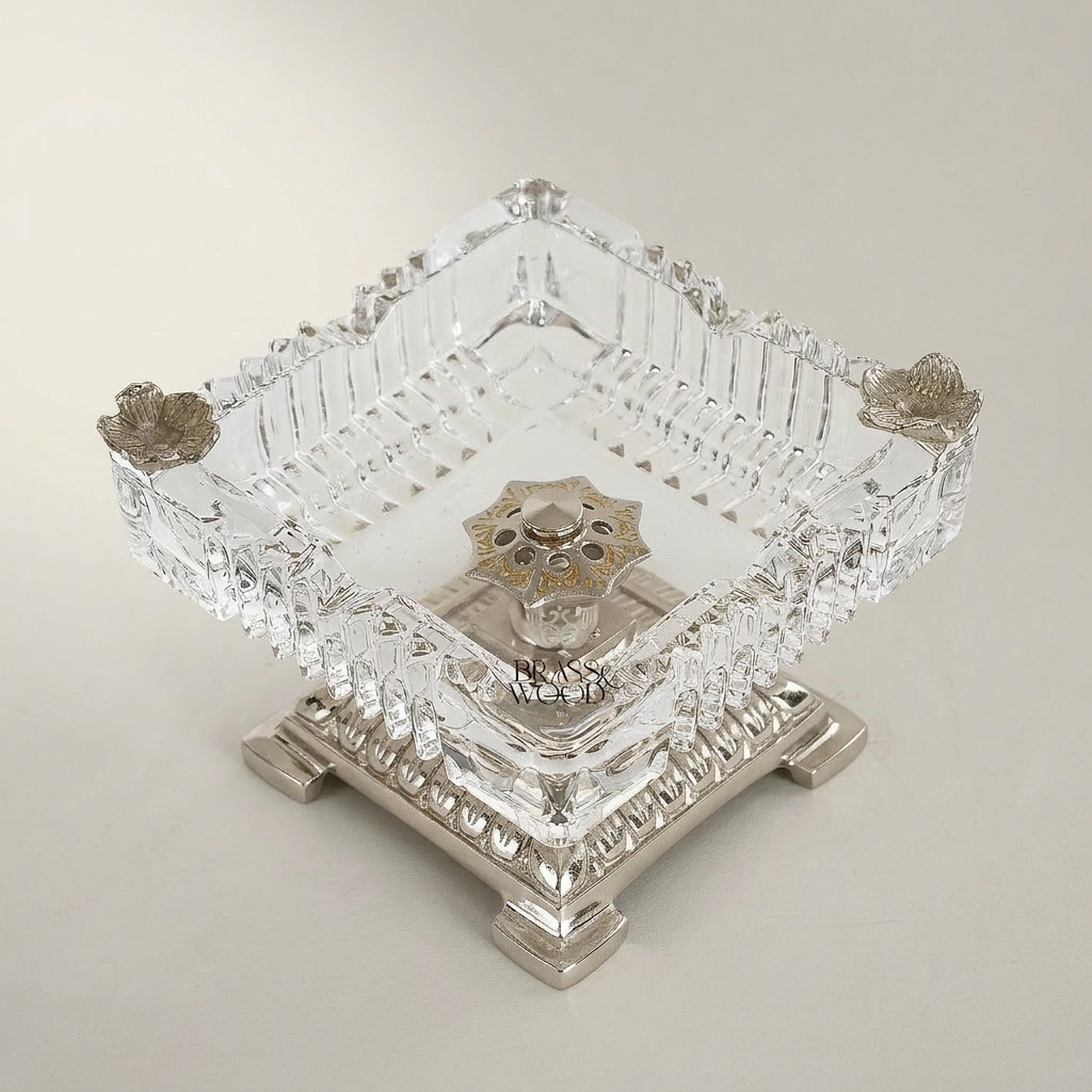 Neoclassical Crystal & Brass Square Ashtray with Floral Corner Mounts — Silver