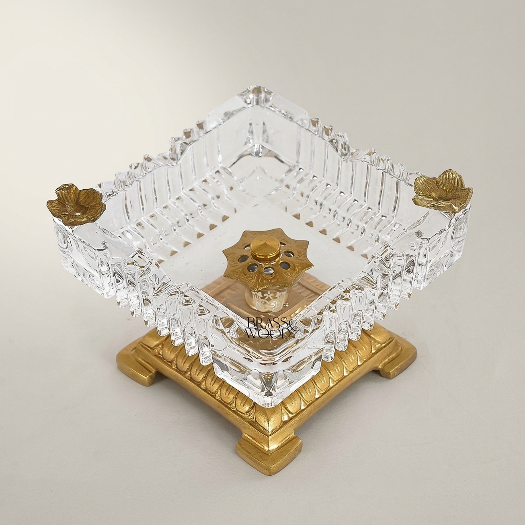Neoclassical Crystal & Brass Square Ashtray with Floral Corner Mounts — Antique Gold
