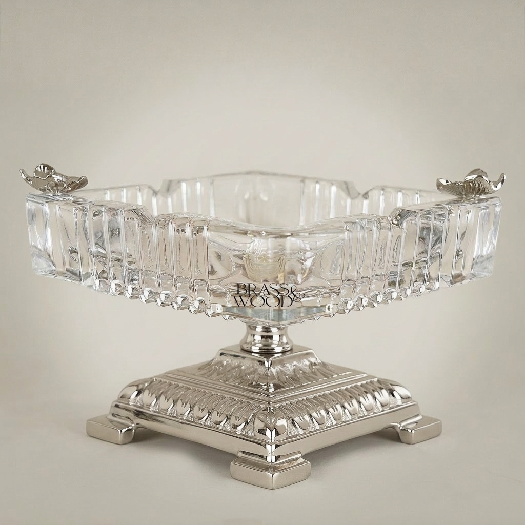 Neoclassical Crystal & Brass Square Ashtray with Floral Corner Mounts — Silver