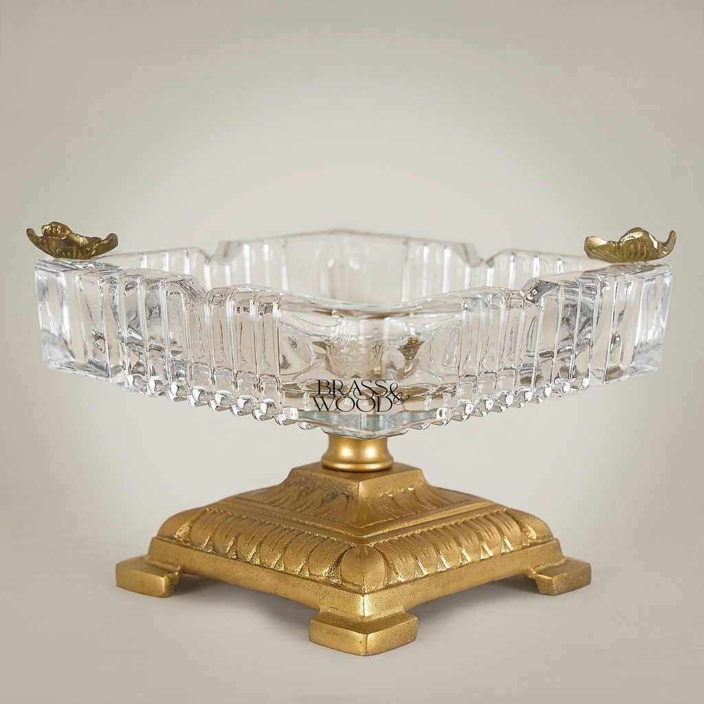 Neoclassical Crystal & Brass Square Ashtray with Floral Corner Mounts — Antique Gold