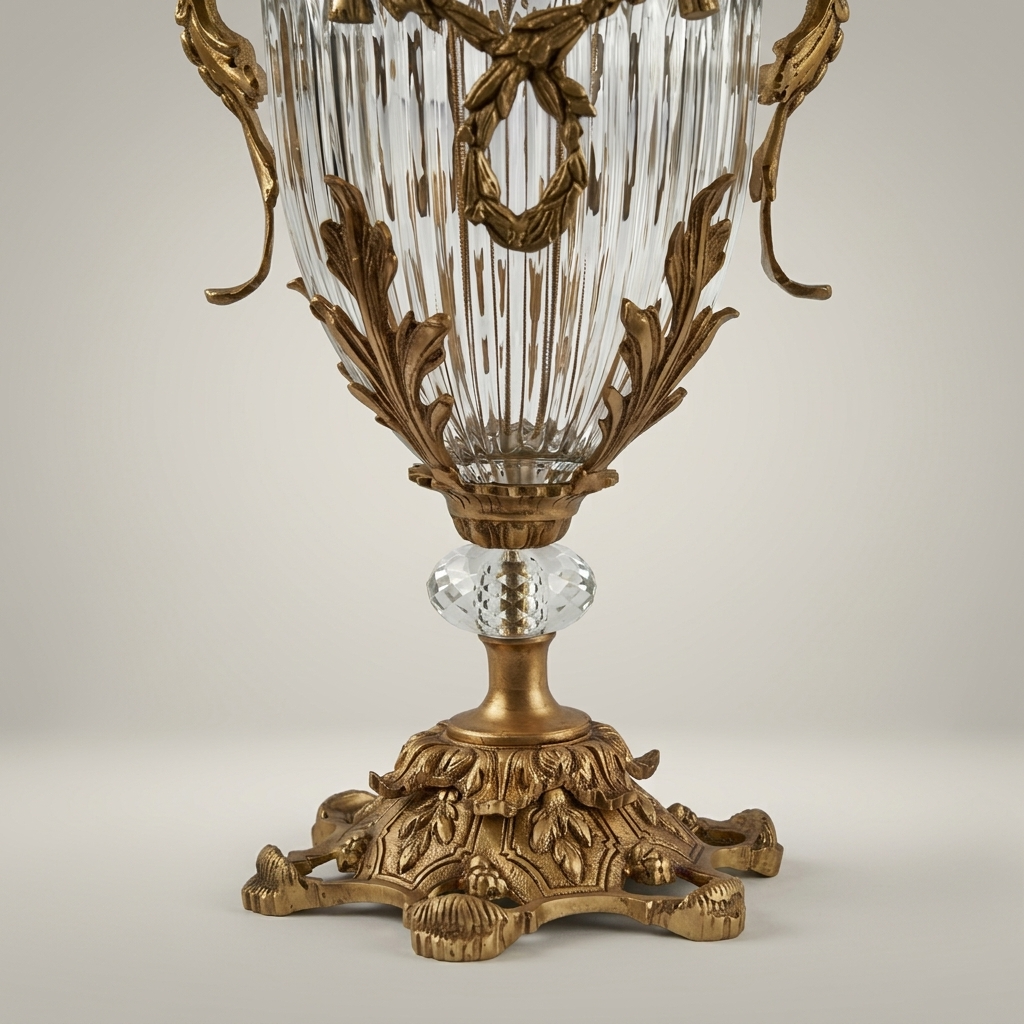 Louis XVI Neoclassical Covered Crystal Urn Vase with Acanthus Brass Mounts & Flame Finial — Antique Gold