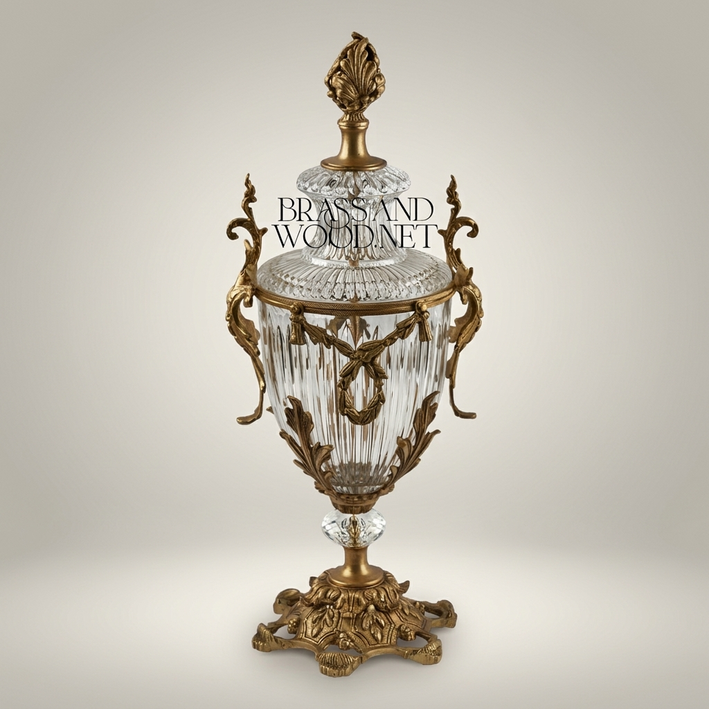 Louis XVI Neoclassical Covered Crystal Urn Vase with Acanthus Brass Mounts & Flame Finial — Antique Gold