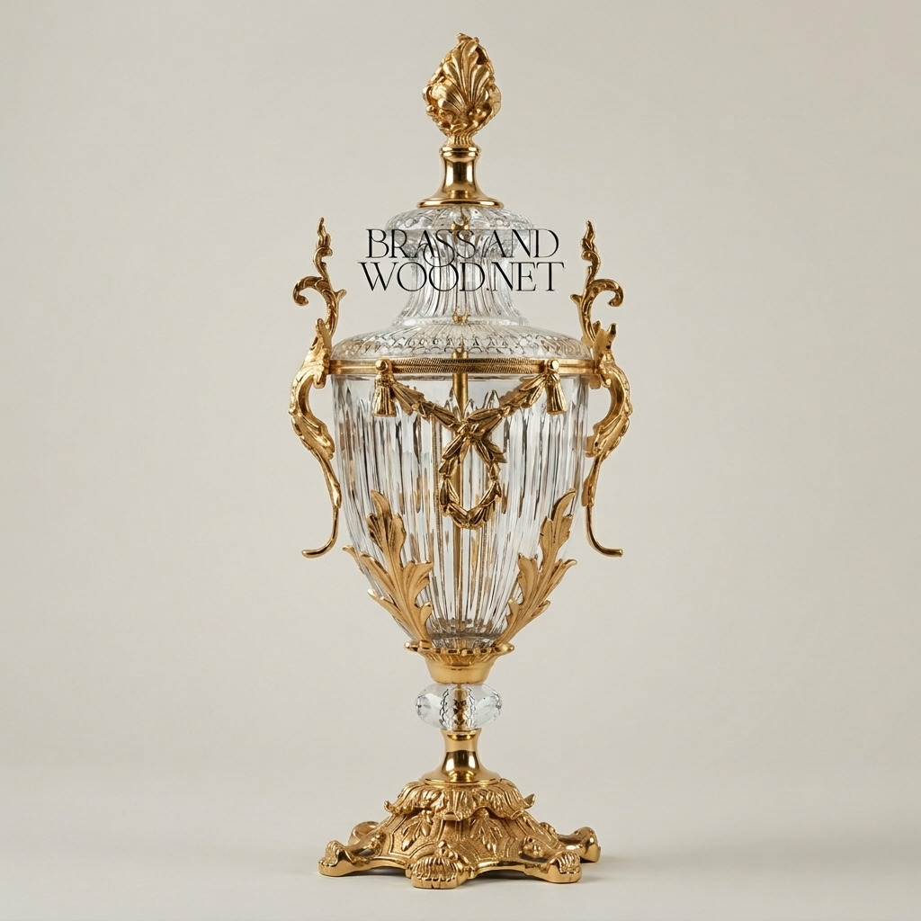 Louis XVI Neoclassical Covered Crystal Urn Vase with Acanthus Brass Mounts & Flame Finial — Gold