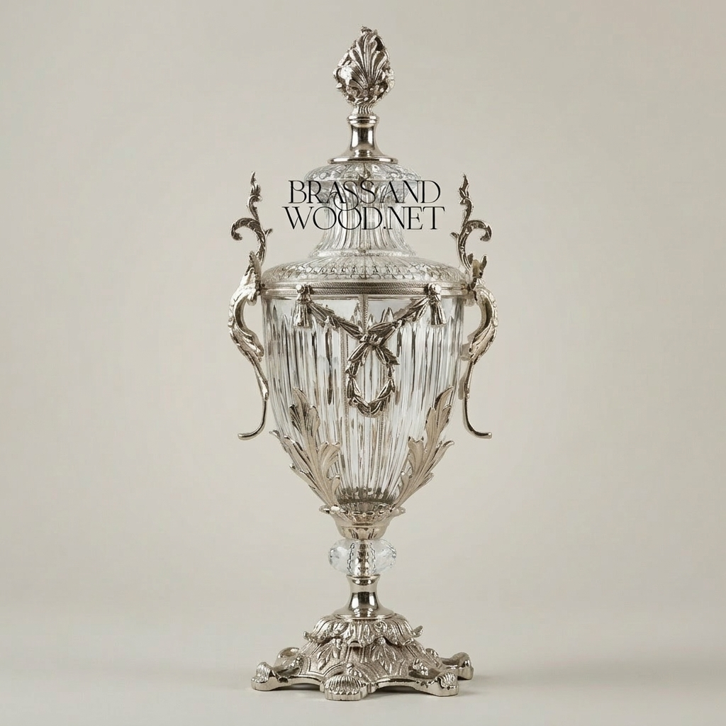 Louis XVI Neoclassical Covered Crystal Urn Vase with Acanthus Brass Mounts & Flame Finial — Silver