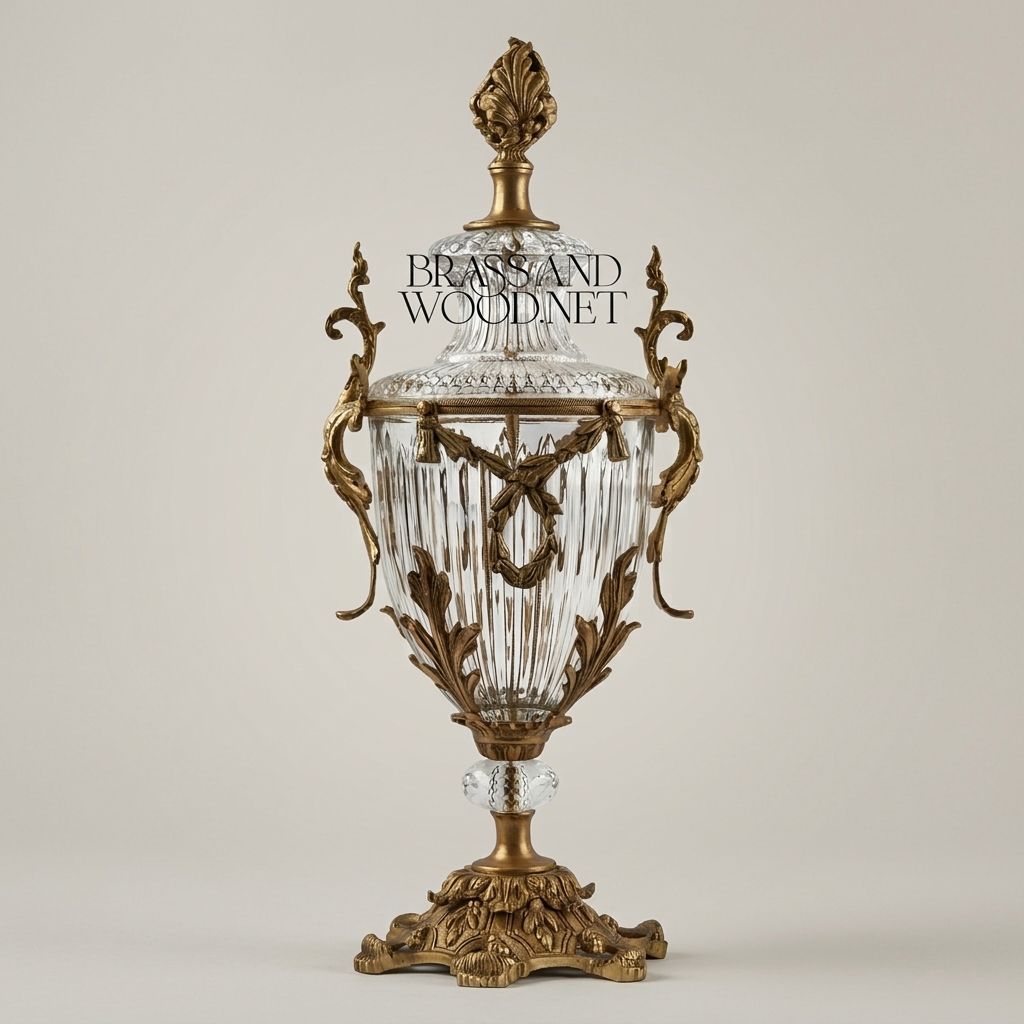 Louis XVI Neoclassical Covered Crystal Urn Vase with Acanthus Brass Mounts & Flame Finial — Antique Gold