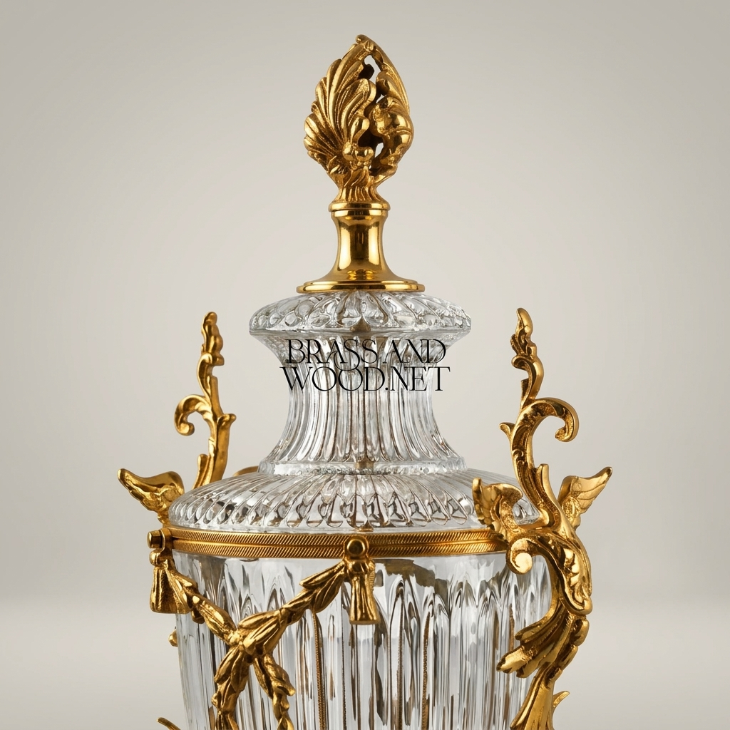 Louis XVI Neoclassical Covered Crystal Urn Vase with Acanthus Brass Mounts & Flame Finial