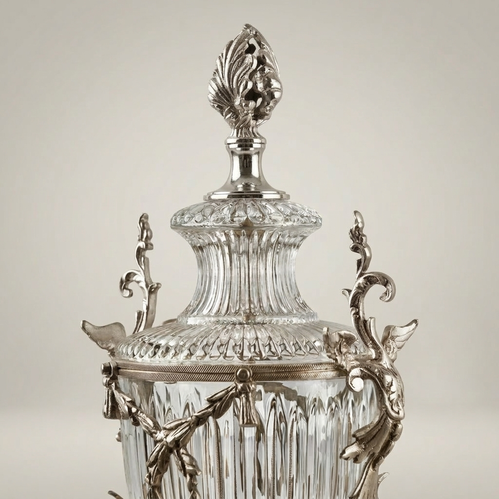 Louis XVI Neoclassical Covered Crystal Urn Vase with Acanthus Brass Mounts & Flame Finial — Silver